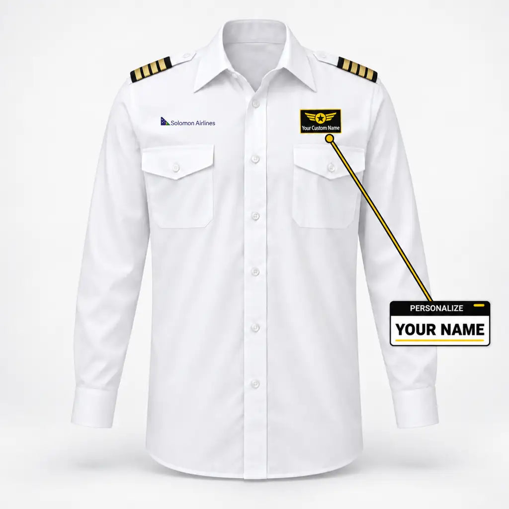 Solomon Airlines logo on 4-stripe long sleeve pilot shirt with custom name badge