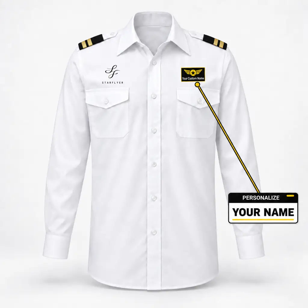 StarFlyer Airlines logo on 2-stripe long sleeve pilot shirt with custom name badge