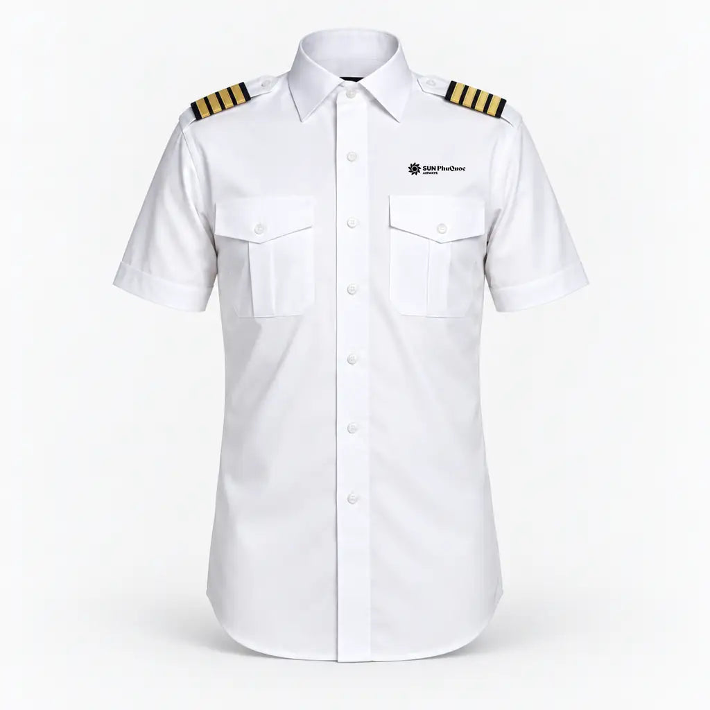Sun Phu Quoc Airways logo on 4-stripe short sleeve pilot shirt