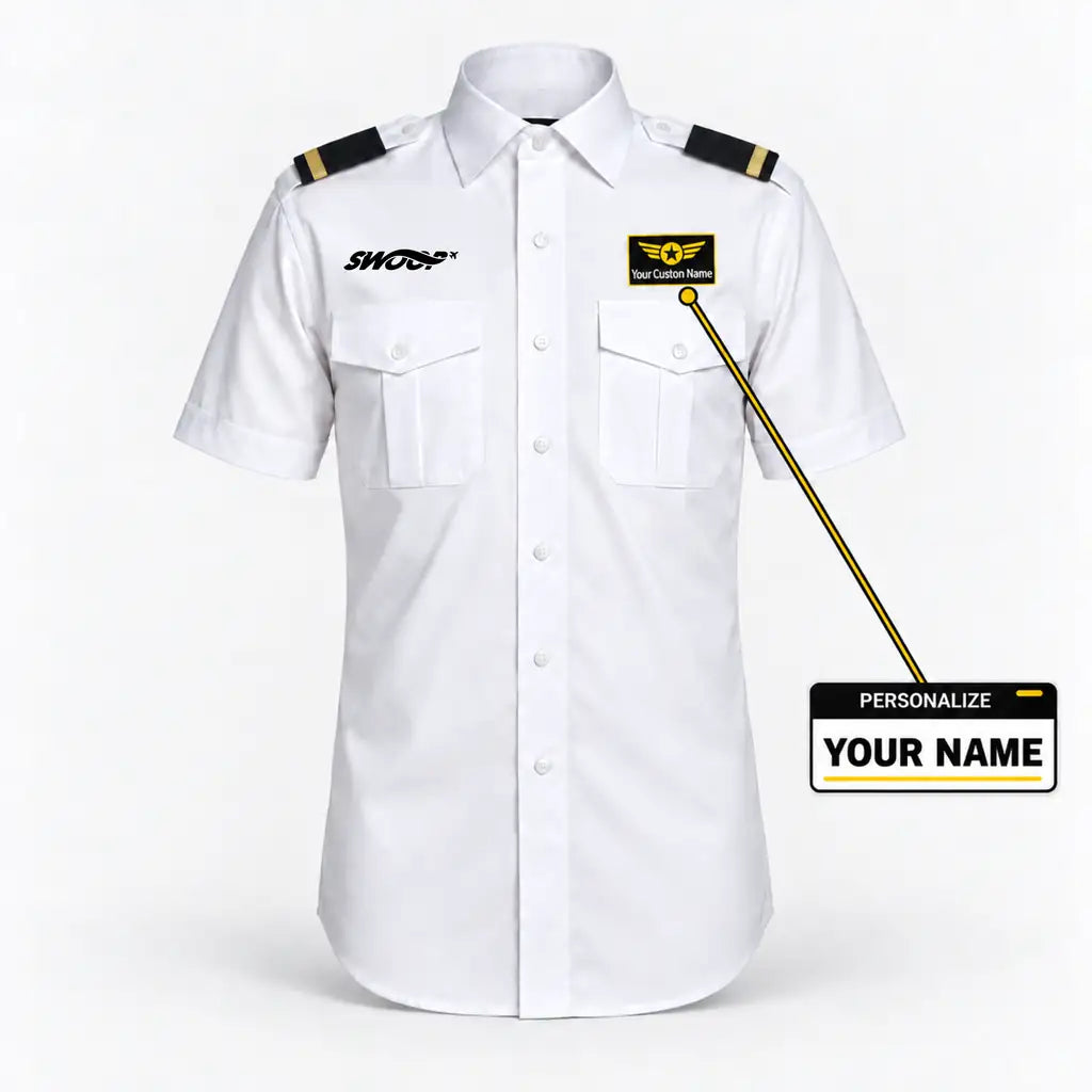 Swoop Airlines logo on 1-stripe short sleeve pilot shirt with custom name badge