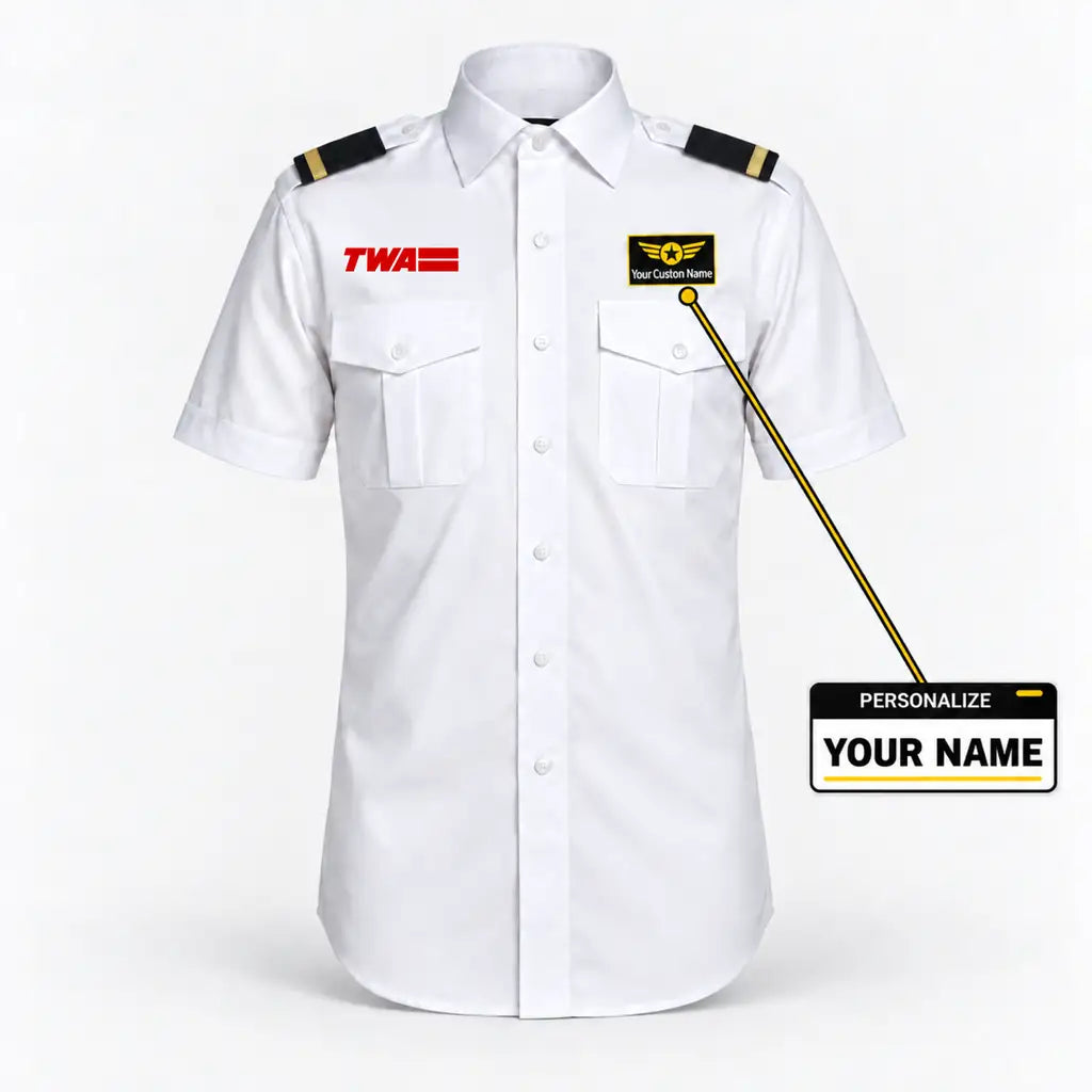 Trans World Airlines (TWA) logo on 1-stripe short sleeve pilot shirt with custom name badge