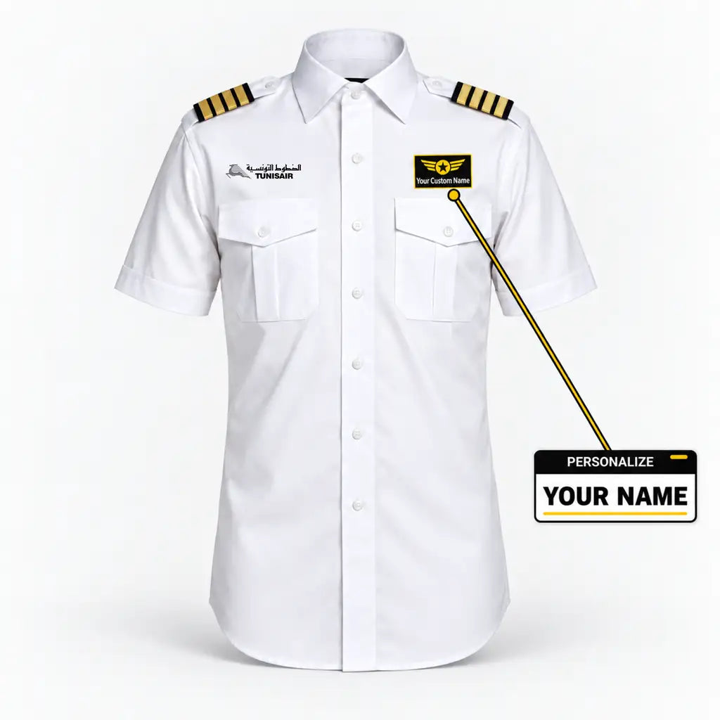 Tunisair logo on 4-stripe short sleeve pilot shirt with custom name badge