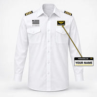 Thumbnail for US Airways logo on 4-stripe long sleeve pilot shirt with custom name badge