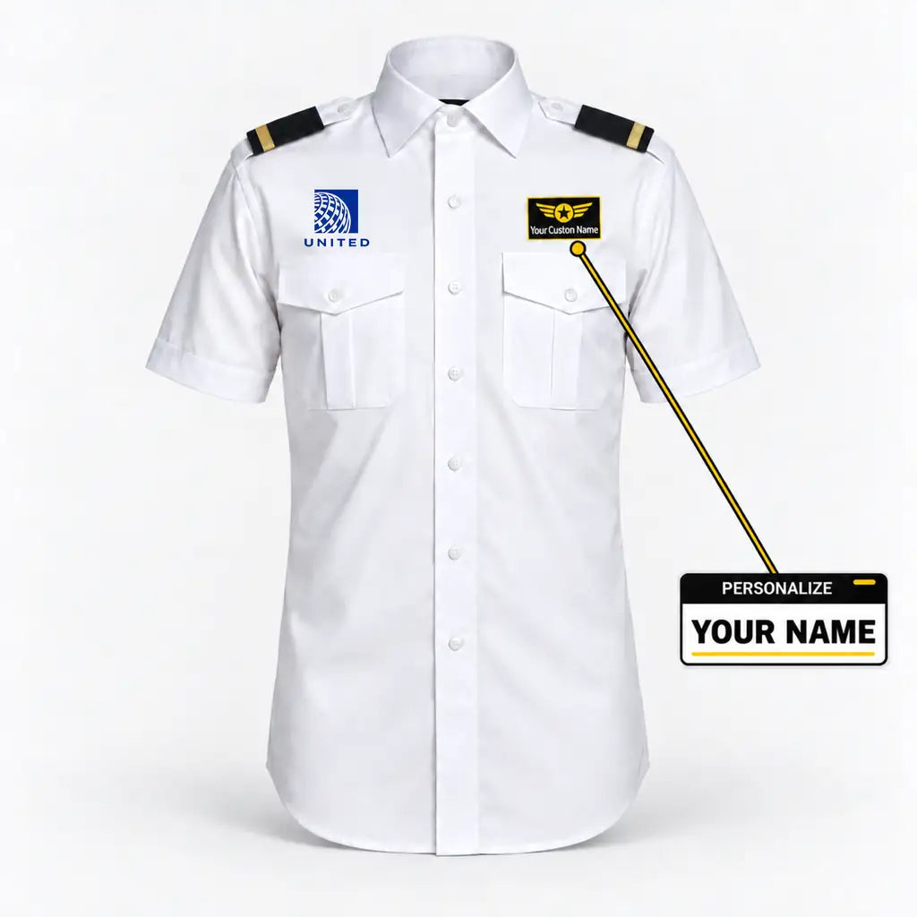 United Airlines logo on 1-stripe short sleeve pilot shirt with custom name badge