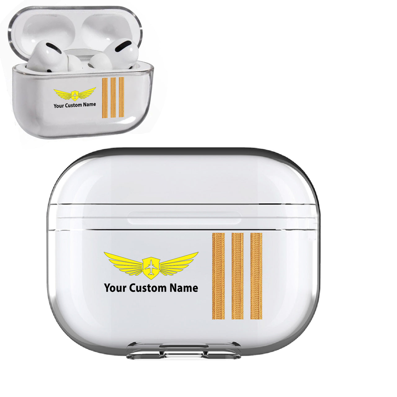 Customizable Name & Badge & Golden Special Pilot Epaulettes (4,3,2 Lines) Designed Transparent Earphone AirPods "Pro" Cases