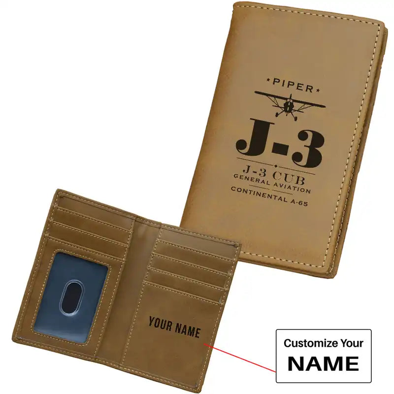 Piper J-3 Cub Leather Wallets - Card Holder Wallet - Light - Heritage + Name