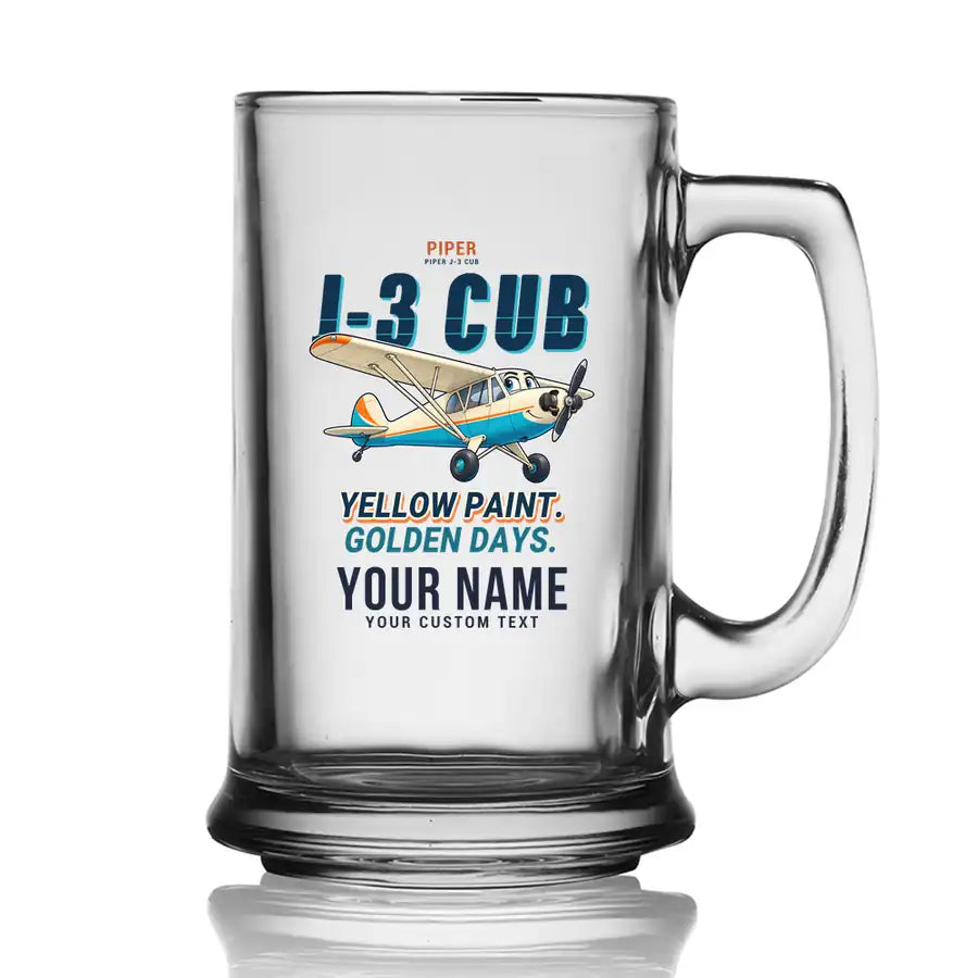 Piper J-3 Cub - Cartoon + Name - Beer Glass with Holder
