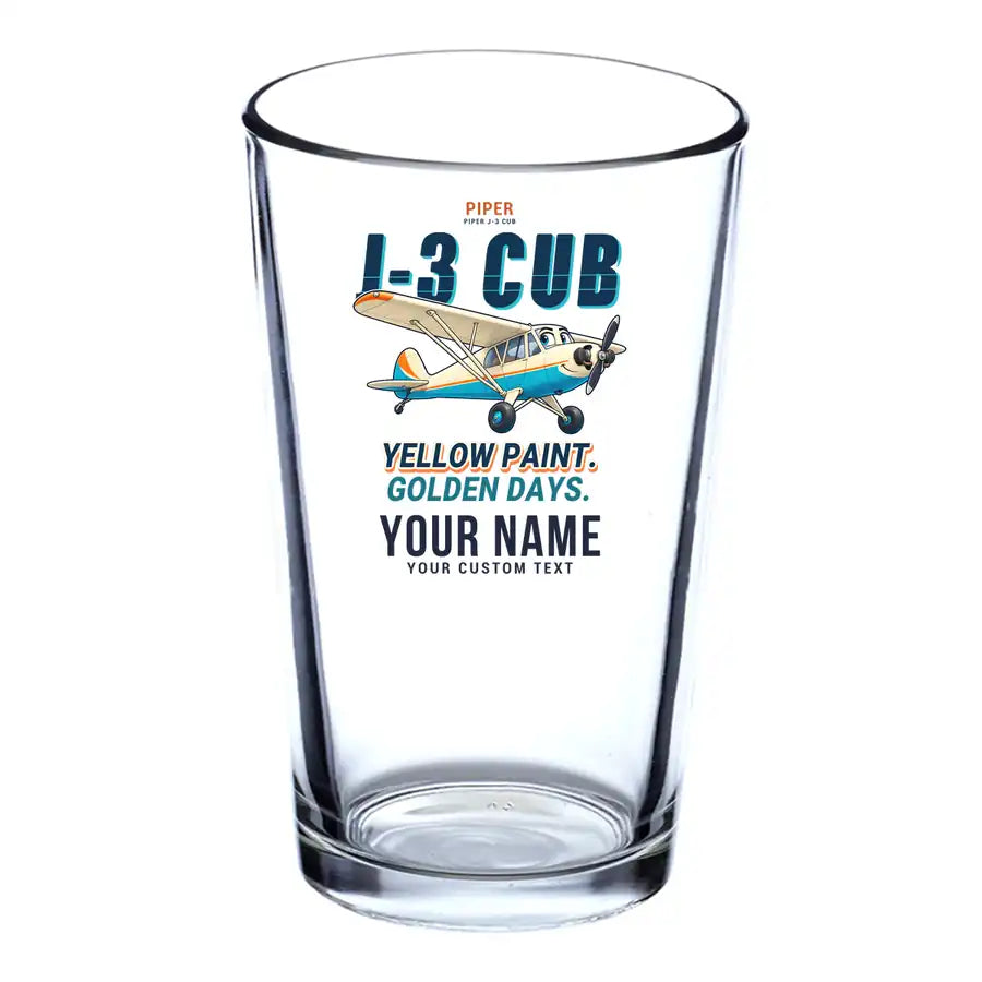 Piper J-3 Cub - Cartoon + Name - Beer & Water Glass