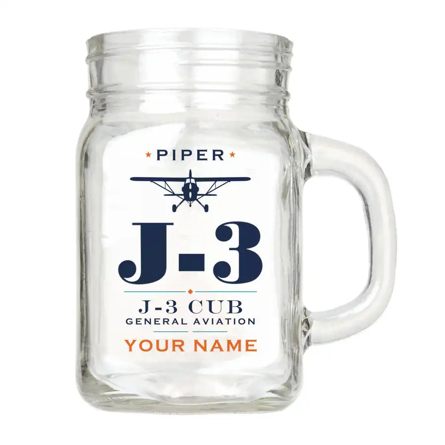 Piper J-3 Cub - Heritage + Name - Cocktail Glass (Mason Jar)