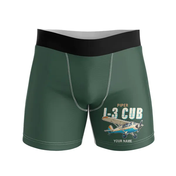 Piper J-3 Cub - Men Boxers - Cartoon + Name - Dark Green