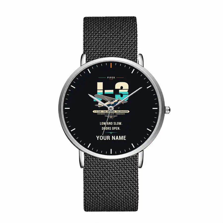 Piper J-3 Cub - Original + Name - Slim Mesh - Silver and Black Stainless Steel Strap