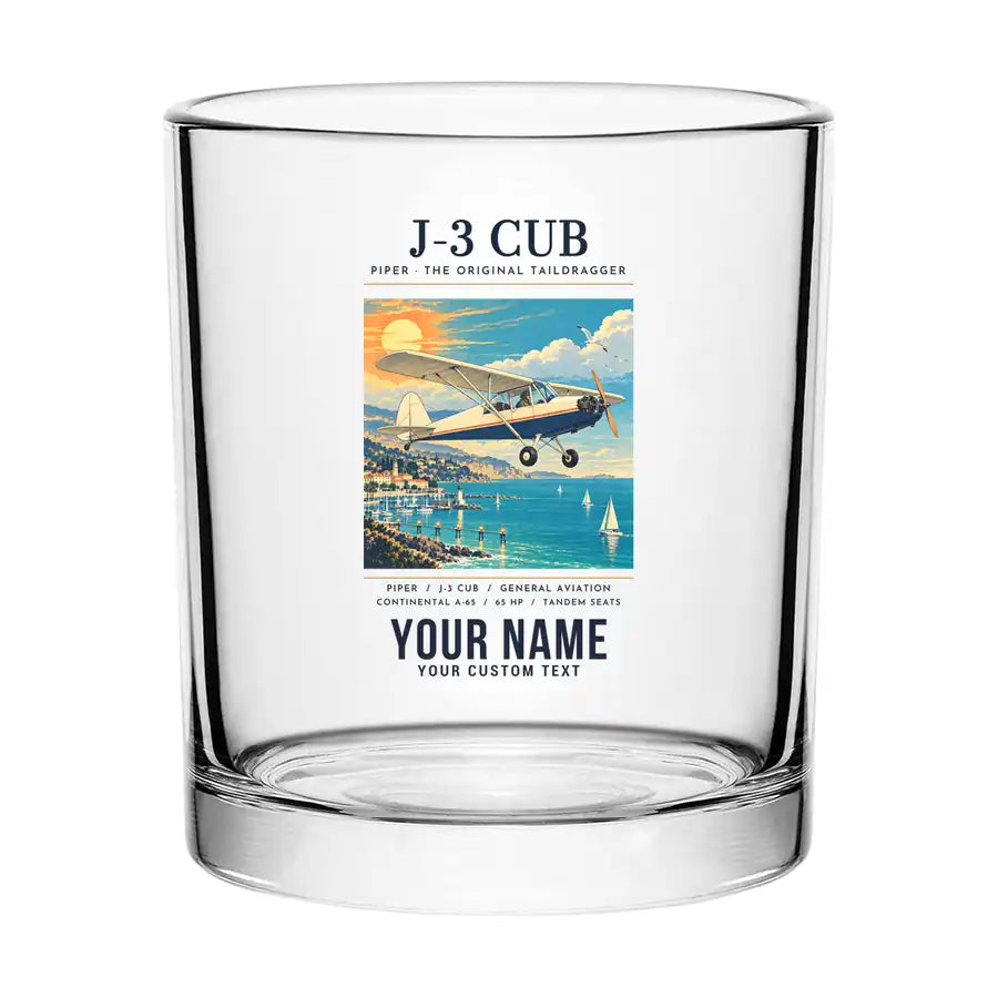 Piper J-3 Cub - Poster + Name - Special Whiskey Glass