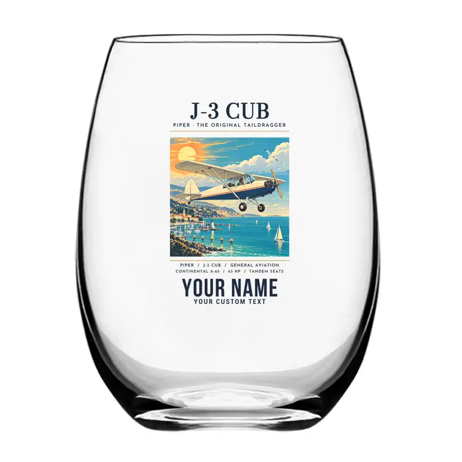 Piper J-3 Cub - Poster + Name - Water & Drink Glass