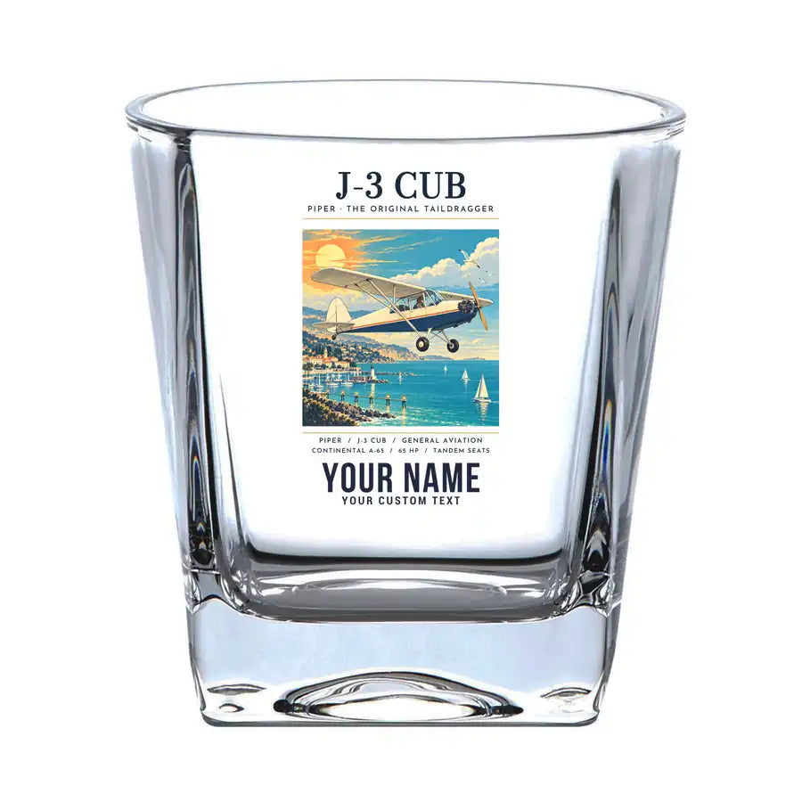 Piper J-3 Cub - Poster + Name - Whiskey Glass