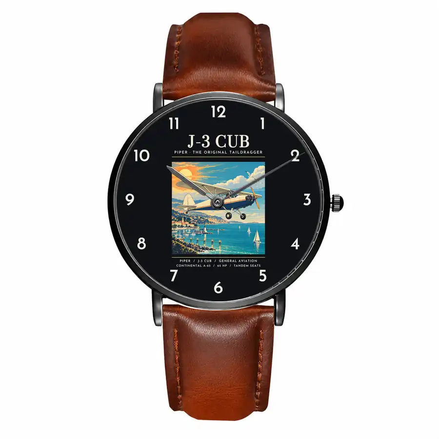 Piper J-3 Cub - Poster - Slim Leather - Black and Brown Leather Strap