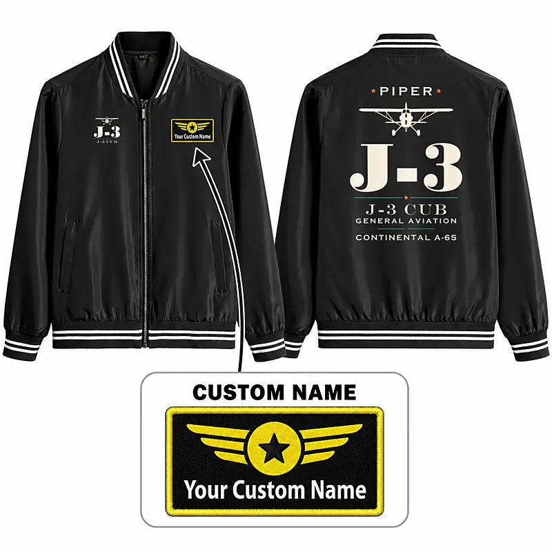 Piper J-3 Cub Stylish Jackets - Baseball Collar - Heritage + Name - Black