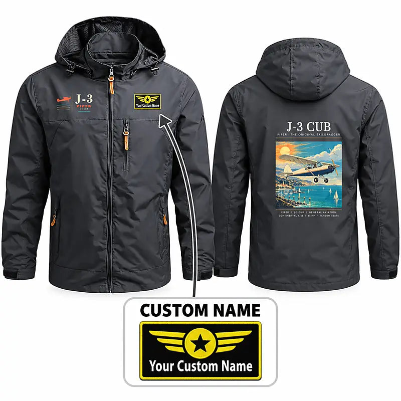 Piper J-3 Cub Stylish Jackets - Hooded Windbreaker - Poster + Name - Charcoal