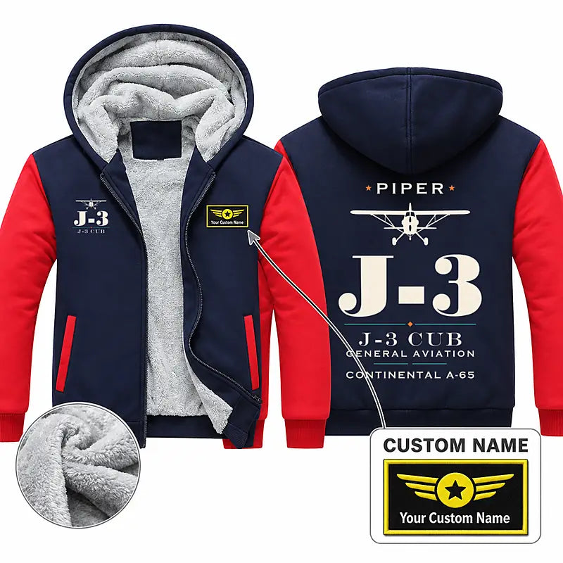 Piper J-3 Cub Zipped Sweatshirts - Heritage + Name - Navy & Red