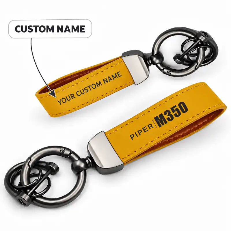 Piper M350 - Leather Key Chain - Horseshoe Buckle - Tag - Yellow + Name