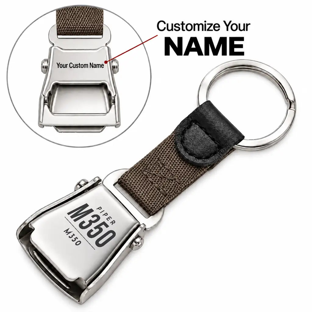 Piper M350 - Seat Belt Key Chain - Tag + Name - Brown