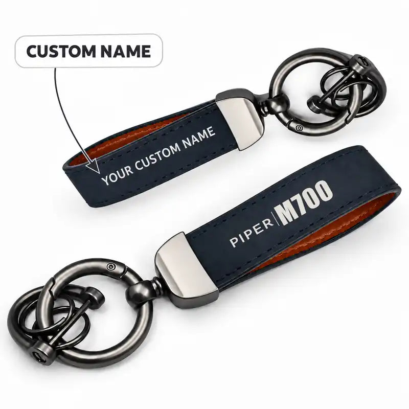Piper M700 Fury - Leather Key Chain - Horseshoe Buckle - Tag - Navy Blue + Name