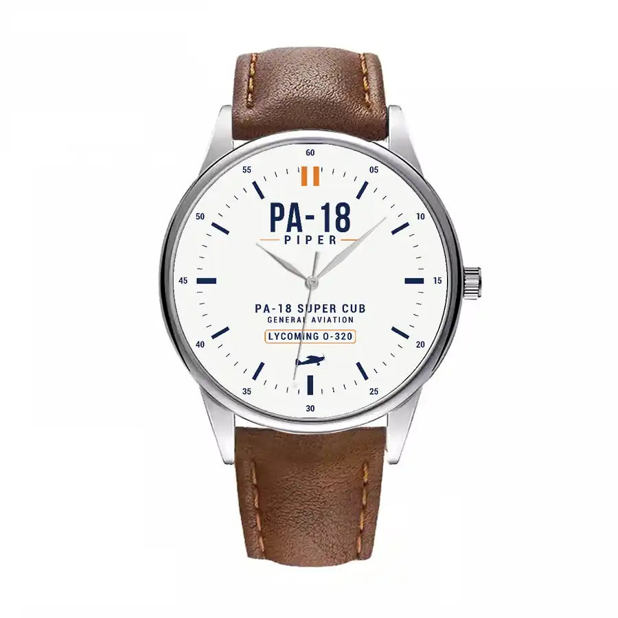 Piper PA-18 Super Cub - Classic - White - Leather Strap - Brown Leather Strap