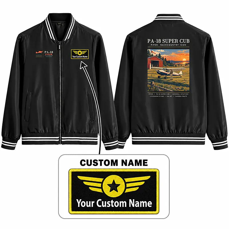 Piper PA-18 Super Cub Stylish Jackets - Baseball Collar - Poster + Name - Black