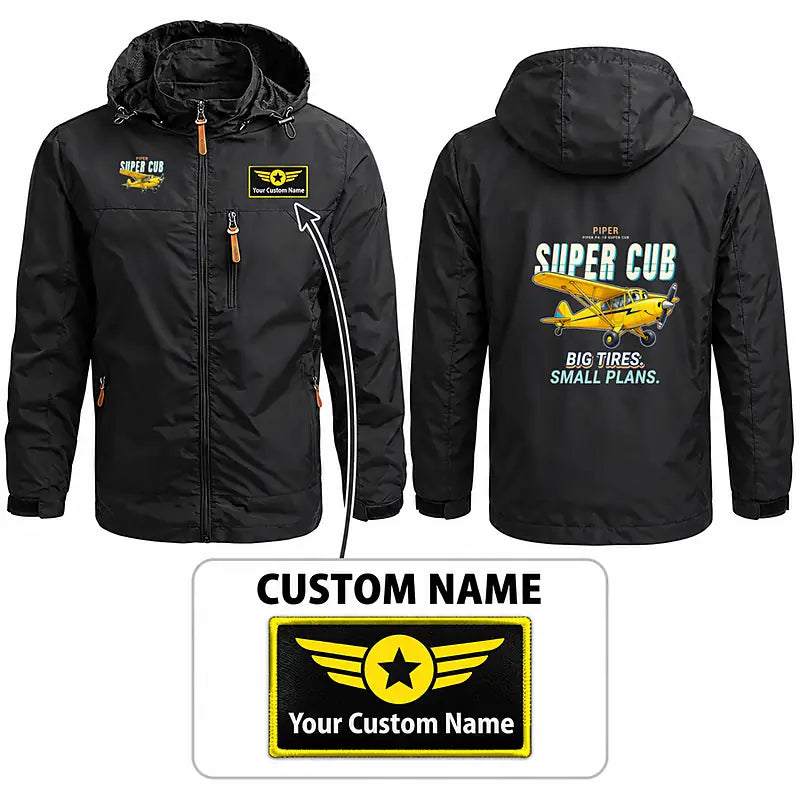 Piper PA-18 Super Cub Stylish Jackets - Hooded Windbreaker - Cartoon + Name - Black