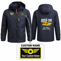 Thumbnail for Piper PA-18 Super Cub Stylish Jackets - Hooded Windbreaker - Cartoon + Name - Navy Blue