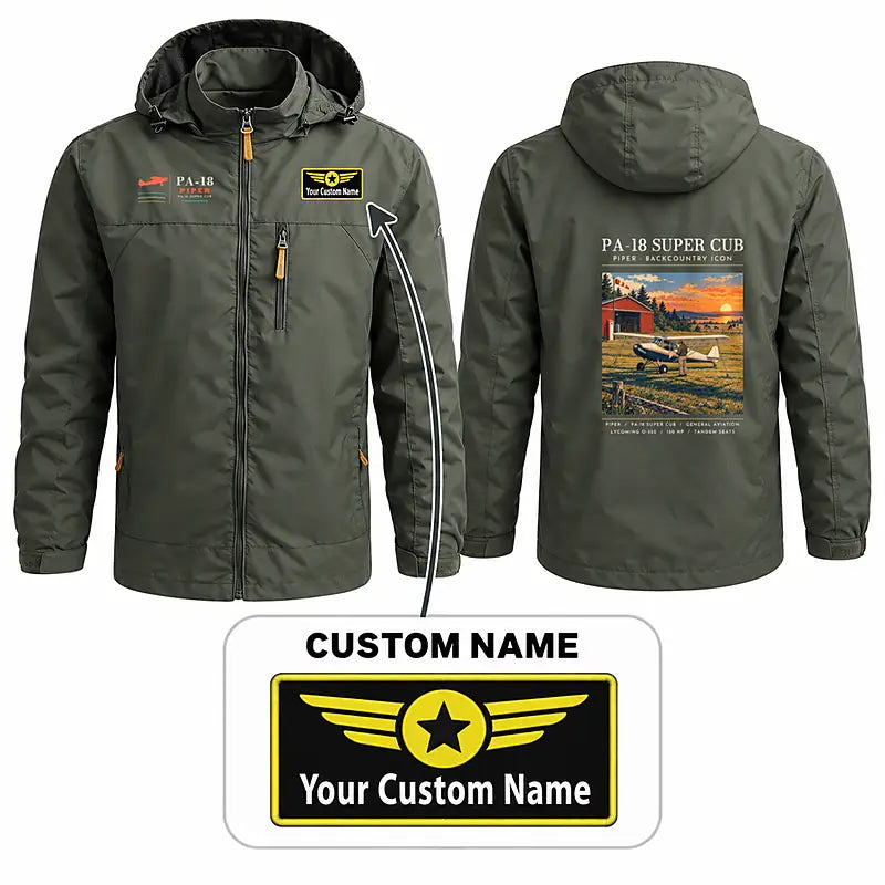 Piper PA-18 Super Cub Stylish Jackets - Hooded Windbreaker - Poster + Name - Olive Green