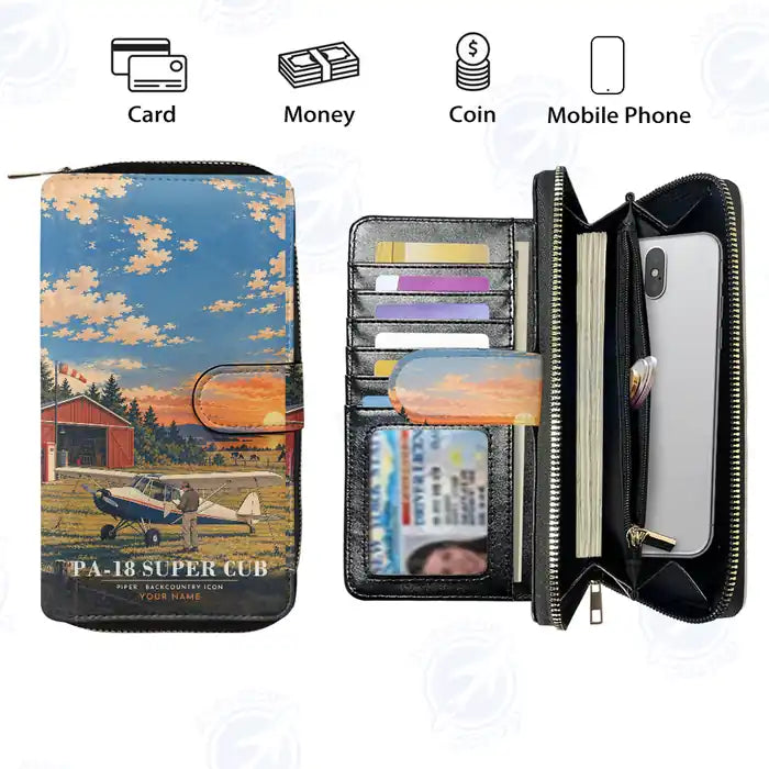 Piper PA-18 Super Cub Leather Wallets - Zip Long Wallet - 3D + Name