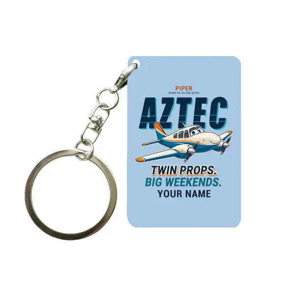 Piper PA-23-250 Aztec - Cartoon + Name - Key Chain - Light Blue