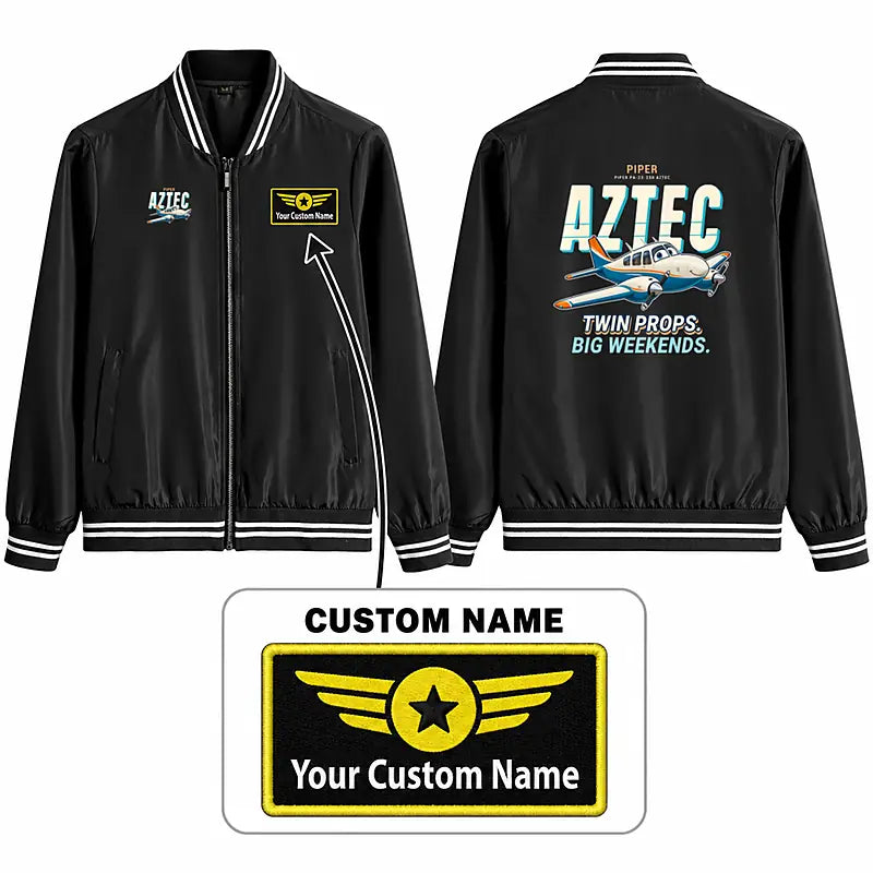 Piper PA-23-250 Aztec Stylish Jackets - Baseball Collar - Cartoon + Name - Black