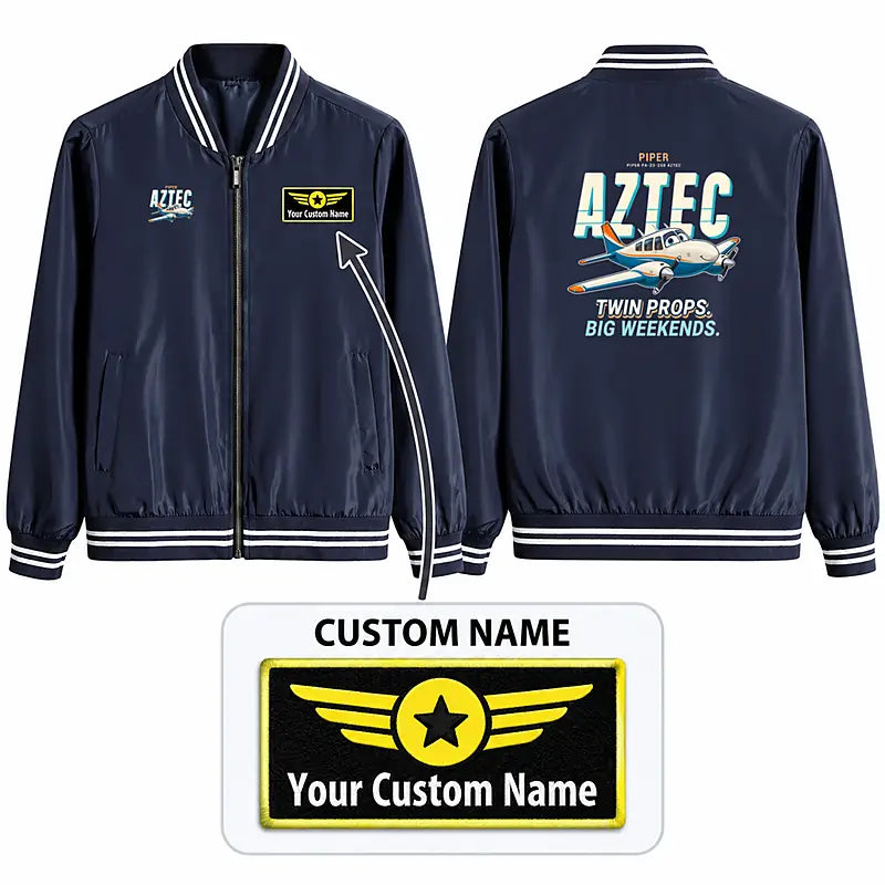 Piper PA-23-250 Aztec Stylish Jackets - Baseball Collar - Cartoon + Name - Navy Blue