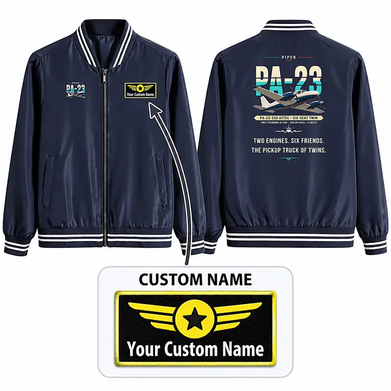 Piper PA-23-250 Aztec Stylish Jackets - Baseball Collar - Original + Name - Navy Blue