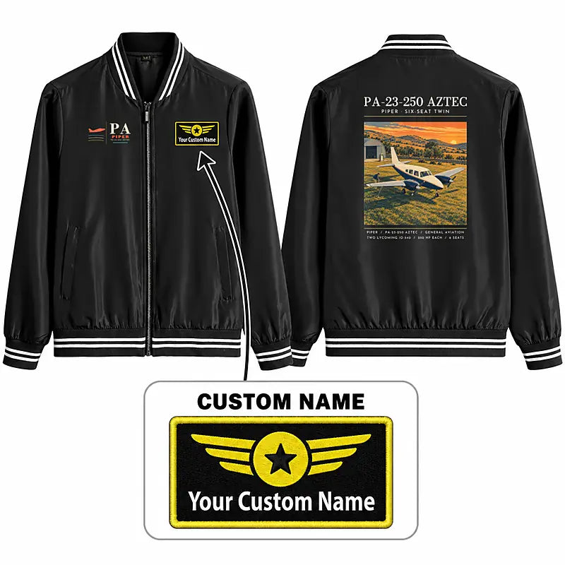 Piper PA-23-250 Aztec Stylish Jackets - Baseball Collar - Poster + Name - Black