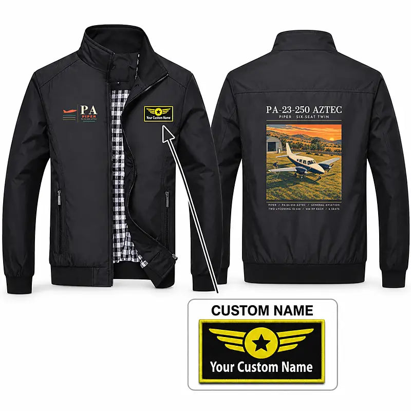 Piper PA-23-250 Aztec Stylish Jackets - Stand Collar - Poster + Name - Black
