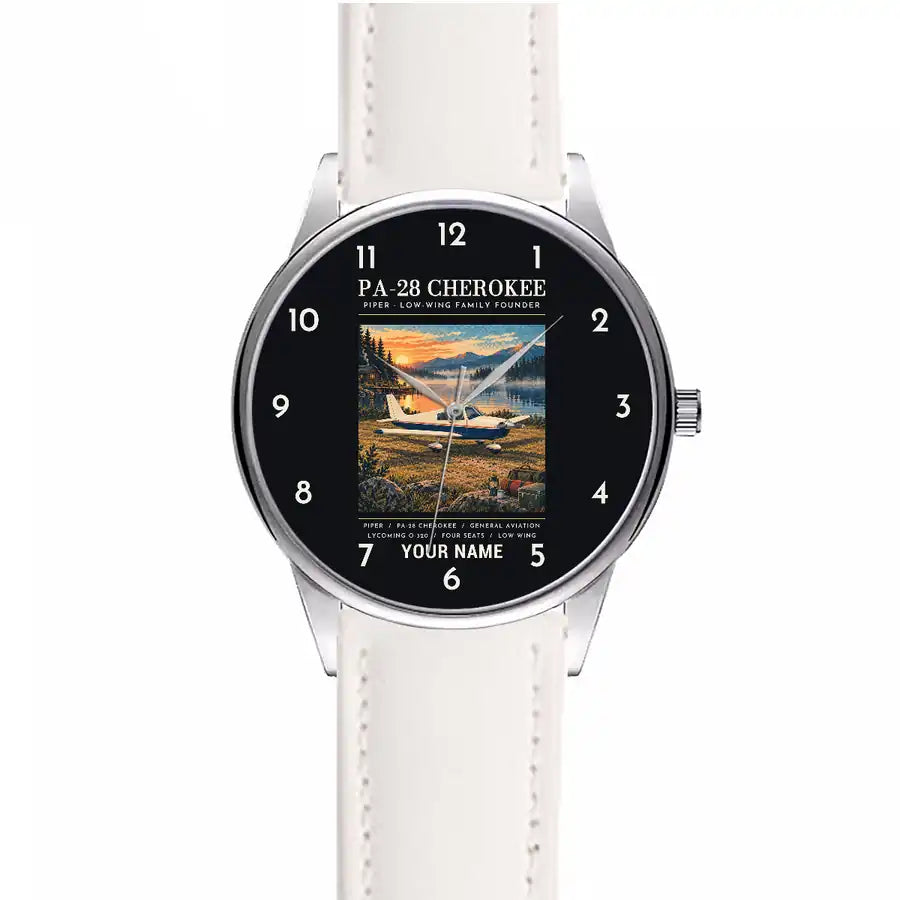 Piper PA-28 Cherokee - Poster + Name - Leather Strap - White Leather Strap