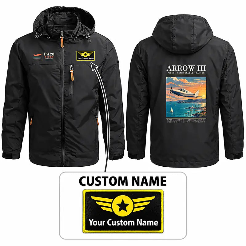Piper PA-28R Arrow III Stylish Jackets - Hooded Windbreaker - Poster + Name - Black