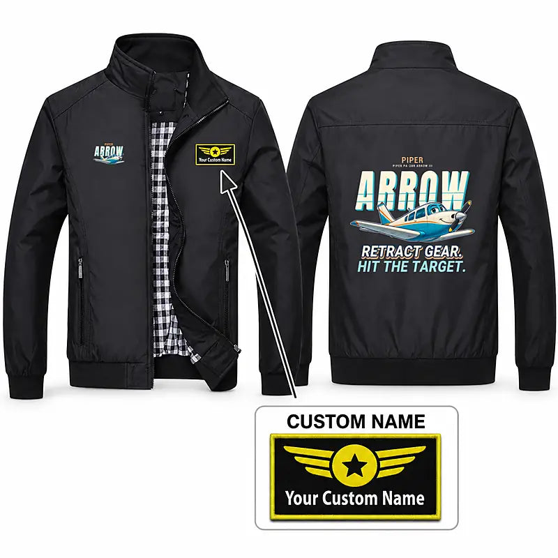 Piper PA-28R Arrow III Stylish Jackets - Stand Collar - Cartoon + Name - Black