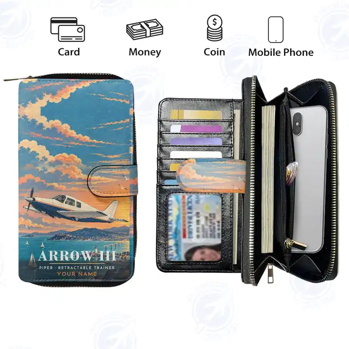 Piper PA-28R Arrow III Leather Wallets - Zip Long Wallet - 3D + Name