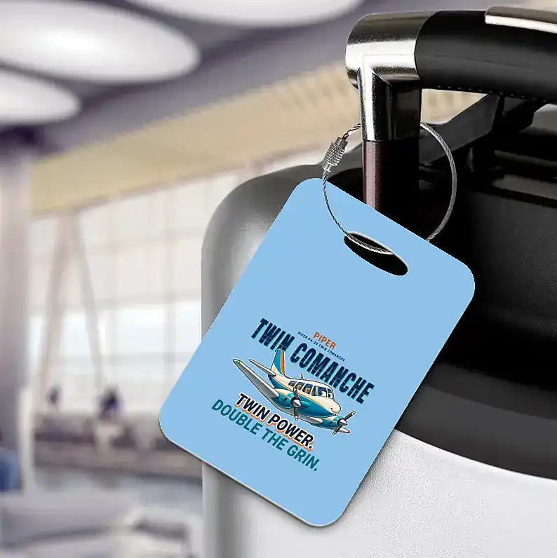Piper PA-30 Twin Comanche - Cartoon - Luggage Tag - Light Blue