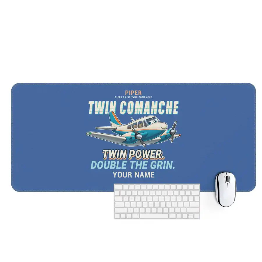 Piper PA-30 Twin Comanche - Cartoon + Name - Desk Mat - Blue