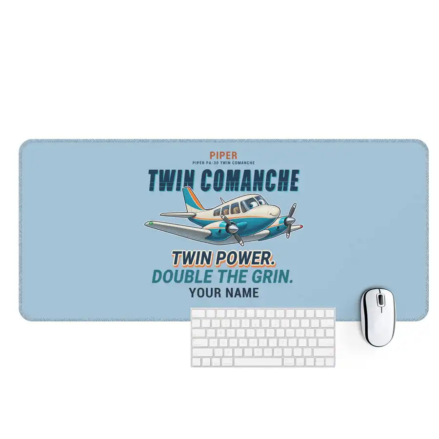 Piper PA-30 Twin Comanche - Cartoon + Name - Desk Mat - Light Blue