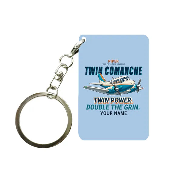 Piper PA-30 Twin Comanche - Cartoon + Name - Key Chain - Light Blue