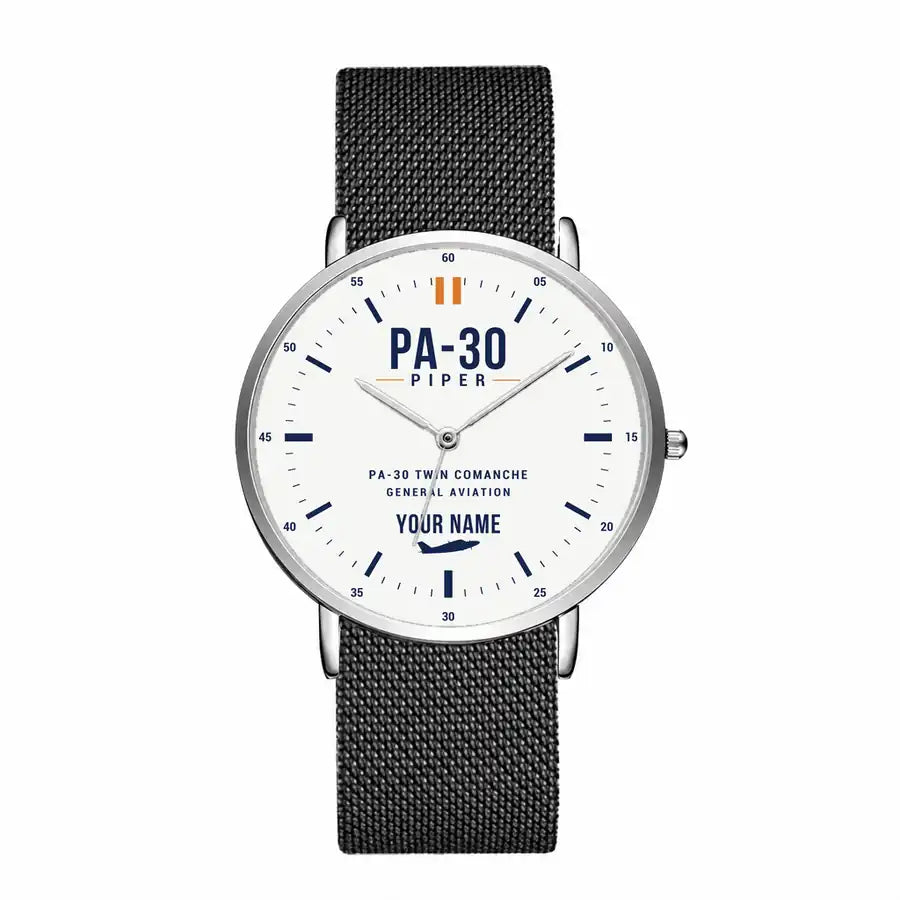 Piper PA-30 Twin Comanche - Classic - White + Name - Slim Mesh - Silver and Black Stainless Steel Strap
