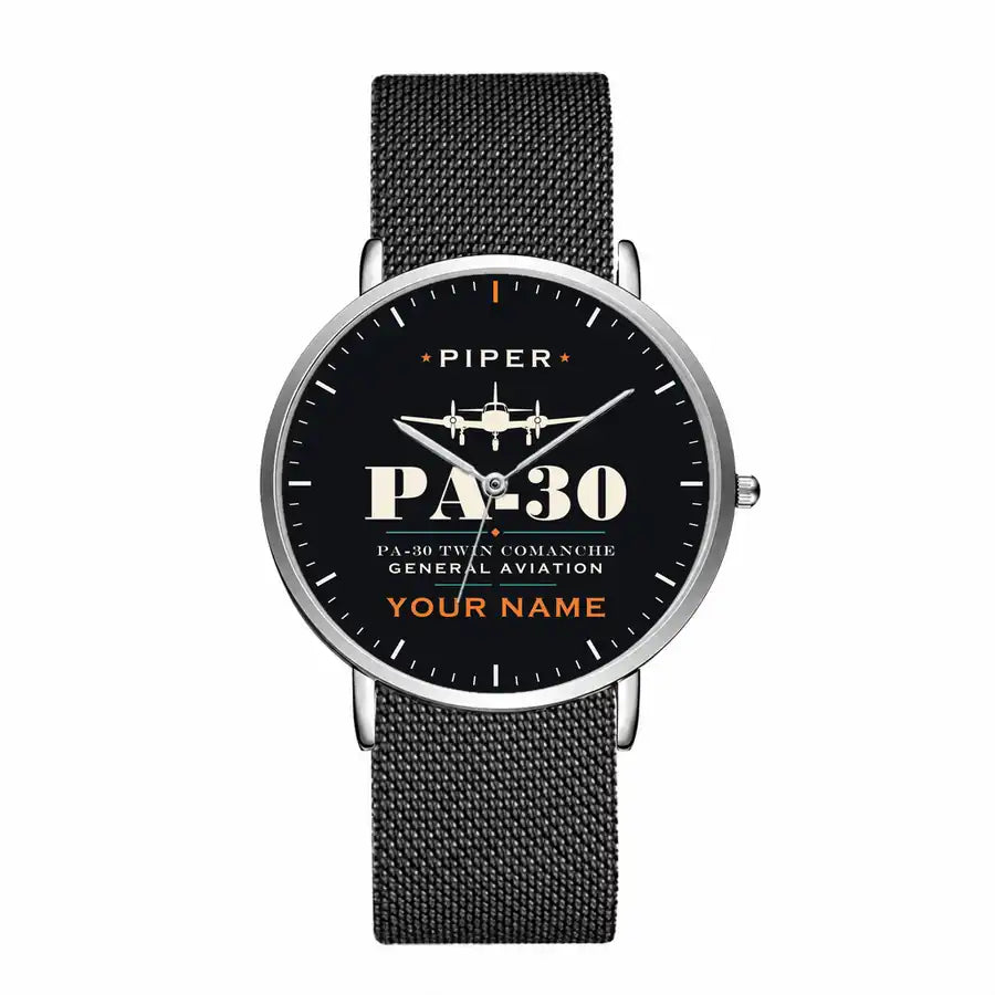 Piper PA-30 Twin Comanche - Heritage + Name - Slim Mesh - Silver and Black Stainless Steel Strap