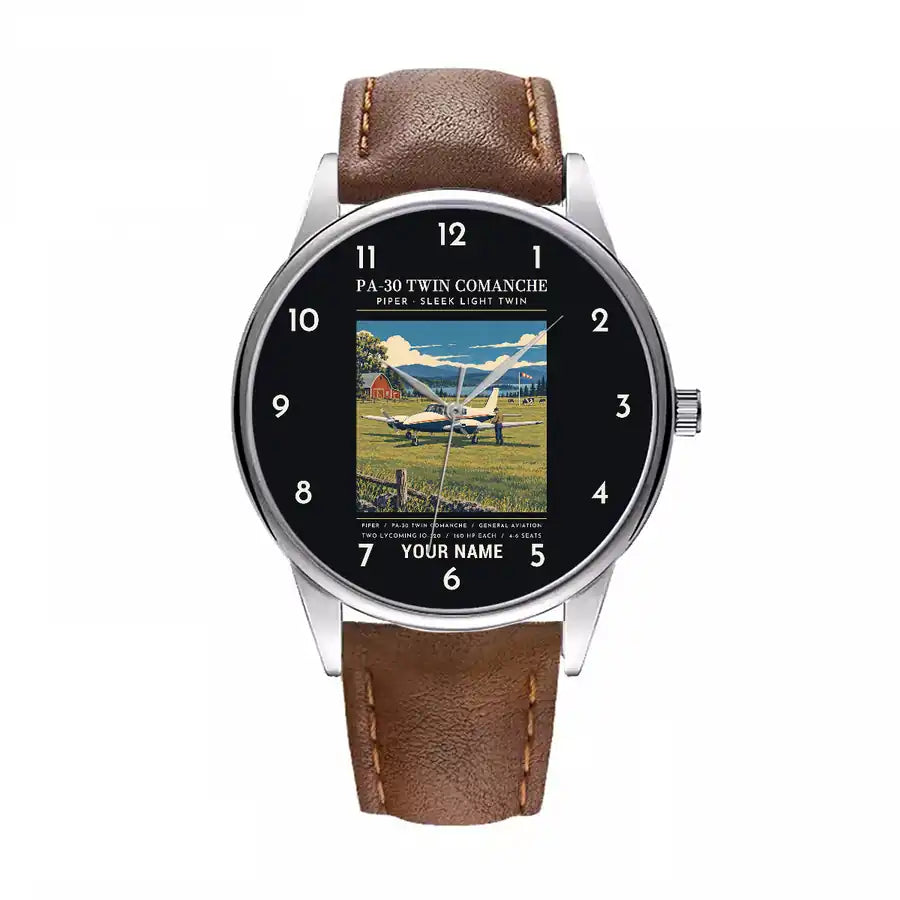Piper PA-30 Twin Comanche - Poster + Name - Leather Strap - Brown Leather Strap