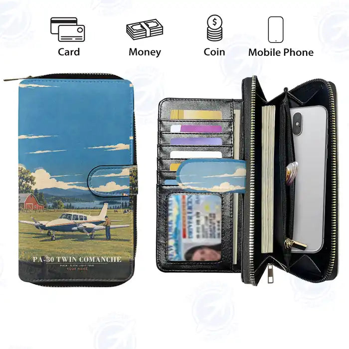 Piper PA-30 Twin Comanche Leather Wallets - Zip Long Wallet - 3D + Name