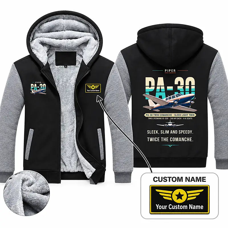 Piper PA-30 Twin Comanche Zipped Sweatshirts - Original + Name - Black & Gray